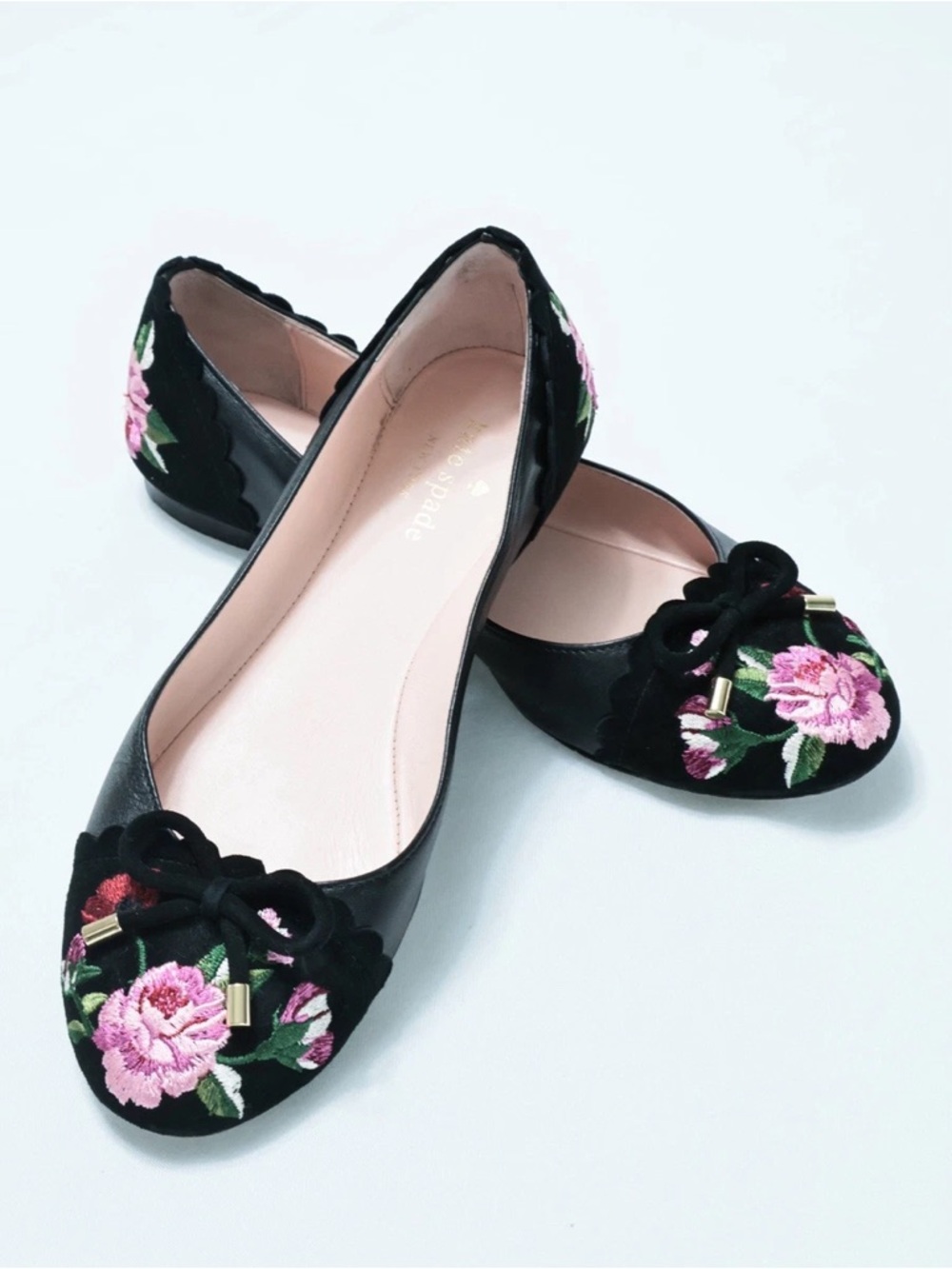 Kate Spade Wilton Embroidered Floral Preppy Ballet Flats - Black & Pink Size 7.5